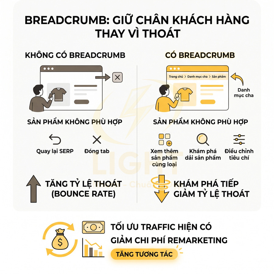 Infographic so sánh trang web có và không có breadcrumb trong trải nghiệm mua sắm sản phẩm online